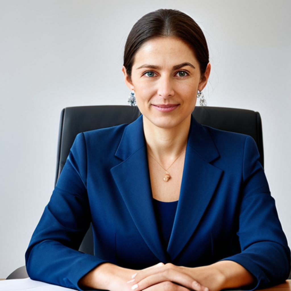 **

"A professional businesswoman in a modest dark blue business suit, sitting at a clean desk in a bright modern office, fully clothed, appropriate attire, safe for work, perfect anatomy, natural proportions, professional corporate photography, high quality, family-friendly, well-formed hands, proper finger count."

**