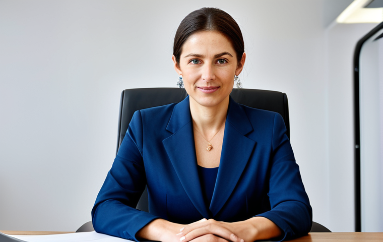 **

"A professional businesswoman in a modest dark blue business suit, sitting at a clean desk in a bright modern office, fully clothed, appropriate attire, safe for work, perfect anatomy, natural proportions, professional corporate photography, high quality, family-friendly, well-formed hands, proper finger count."

**