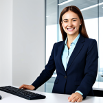 비즈니스 애널리스트 업계 트렌드 - **Professional Data Analyst:** A fully clothed, smiling businesswoman in a modest business suit work...