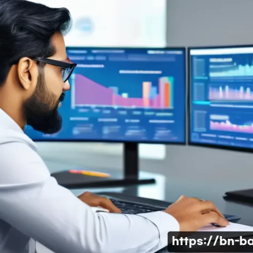 비즈니스 애널리스트 이직 사례 - A professional Bengali business analyst working at a modern desk with multiple digital screens displ...