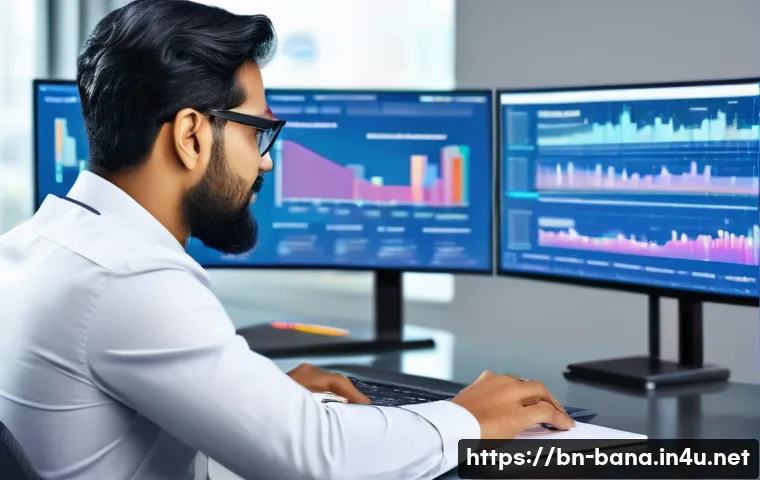 비즈니스 애널리스트 이직 사례 - A professional Bengali business analyst working at a modern desk with multiple digital screens displ...