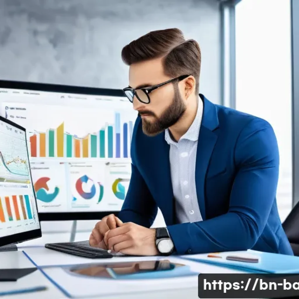 비즈니스 애널리스트 시장 조사 방법 - A modern digital marketing analyst in a stylish office setting, analyzing colorful interactive data ...