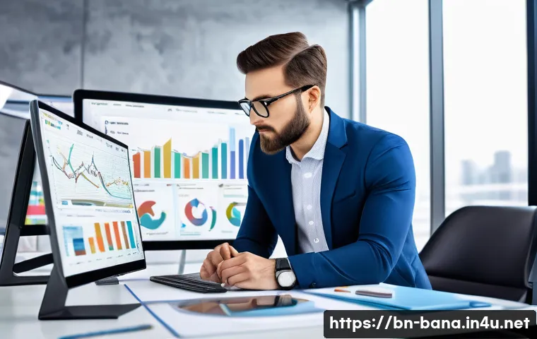 비즈니스 애널리스트 시장 조사 방법 - A modern digital marketing analyst in a stylish office setting, analyzing colorful interactive data ...