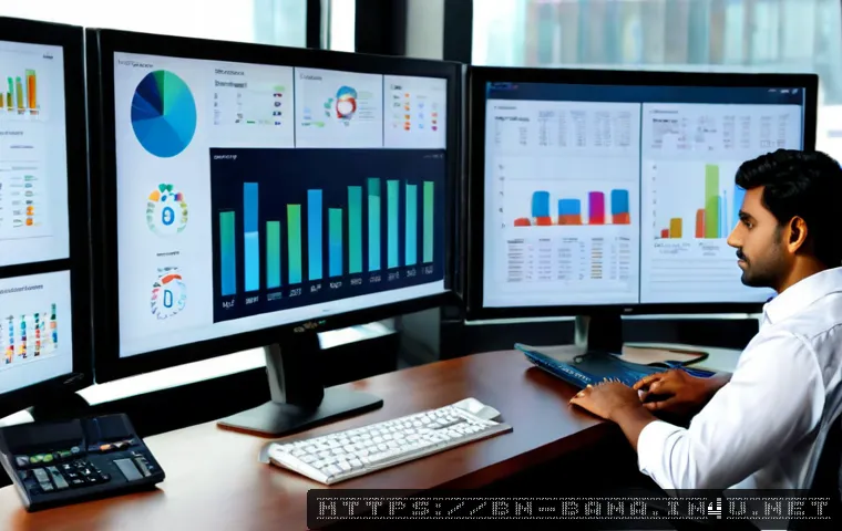 비즈니스 애널리스트 직무 분석 - Photorealistic business analyst at a modern desk, thoughtfully comparing colorful data charts on two...